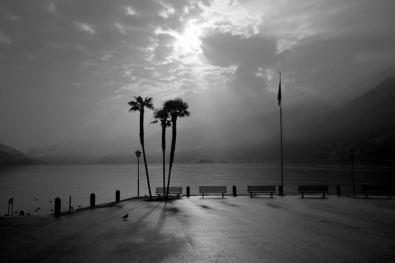Blick von Ascona über den Lago Maggiore am Schweizer Ufer